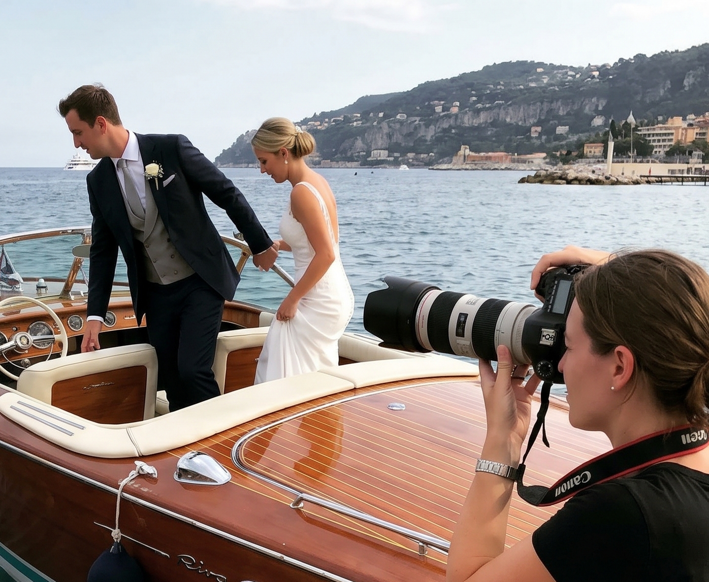 Wedding photographer at a Riva boat embarkation